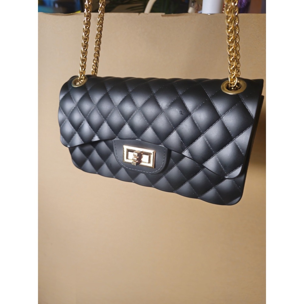 Women's Small Black Quilted Crossbody Or Shoulder Bag Gold Chain Strap Turn Lock - Picture 12 of 12